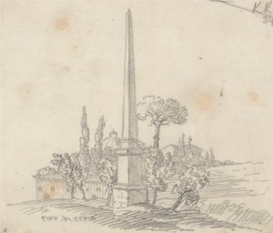 Un obélisque avec des toits et des arbres au loin - John Robert Cozens