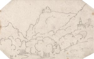 Vue de montagne avec bâtiments - John Robert Cozens