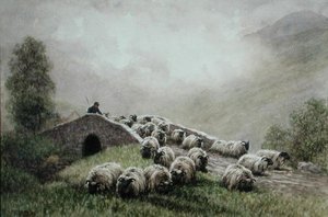 Pont des Highlands avec berger et troupeau - John Robert Keitley Duff