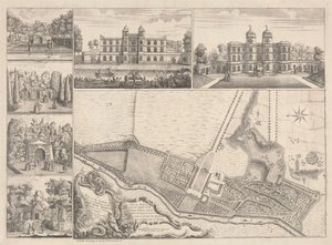 Plan des jardins et vue des bâtiments de l