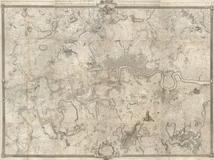 Carte du XVIIIe siècle de Londres. Enquête exacte sur les villes de Londres, Westminster, le quartier de Southwark et le pays à dix miles autour commencée en 1741 et terminée en 1745 / par John Rocque arpenteur et (gravée) par Richard Parr - John Rocque