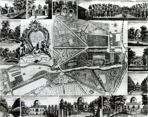 Plan du jardin et vue des maisons à Chiswick sur la Tamise - John Rocque