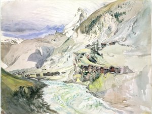 Une vallée alpine : Le Cervin au loin
