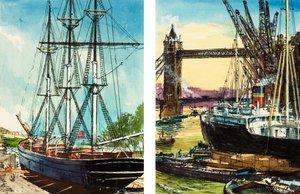 Un grand voilier dans les basses eaux de la Tamise et un cargo à vapeur près de Tower Bridge (gouache sur papier) - John S. Smith