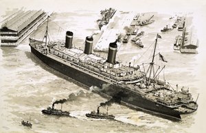 Le navire à vapeur Leviathan est poussé par des remorqueurs vers une jetée dans le port de New York. - John S. Smith