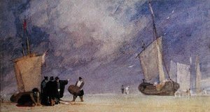 Figures sur le rivage déchargeant un bateau à marée basse - John Sell Cotman