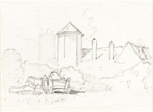 Croquis de Bâtiments avec Chariot et Chevaux au Premier Plan - John Sell Cotman