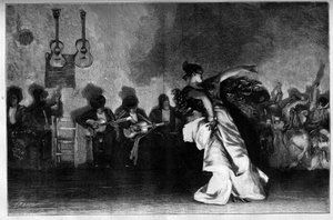 El Jaleo - Danses gitanes. Guitaristes et danseuse de flamenco. Gravure d