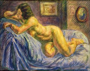 Nu sur fond bleu (huile sur panneau) - John Sloan