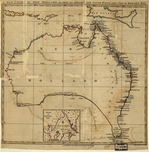 Une nouvelle carte de la Nouvelle-Hollande sur laquelle sont délimitées la Nouvelle-Galles du Sud et un plan pour Botany Bay. LOC 00556400
