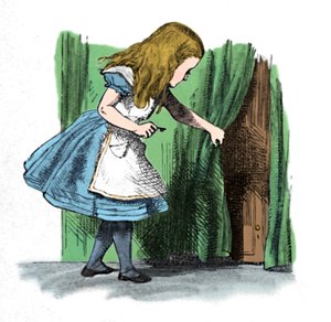 Alice regardant une petite porte derrière un rideau, 1889 - John Tenniel