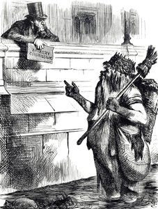 Dessin animé commentant la saleté de la Tamise et les enquêtes sur la corruption lors des élections à Great Yarmouth, Reigate et Lancaster