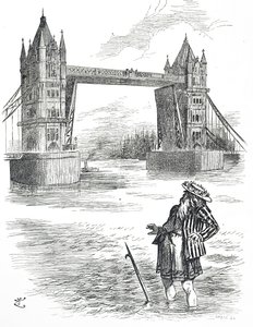 Dessin humoristique représentant le Père Thames admirant Tower Bridge, Londres