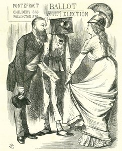 Hugh Childers (1827-1896) parlementaire britannique, informant Britannia du succès de la nouvelle urne électorale. Caricature de John Tenniel dans 