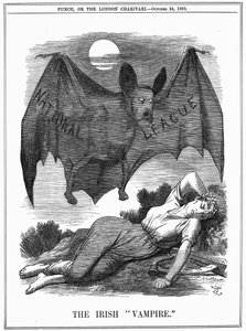 Ligue nationale irlandaise, avec le visage de Charles Stewart Parnell (1846-1891), montré comme un vampire s