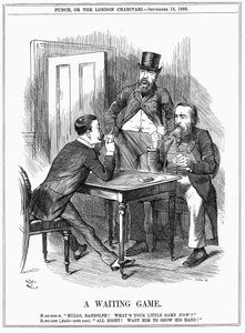 Lord Randolph Churchill (à gauche) essayant de faire montrer à Charles Stewart Parnell, homme politique irlandais, ses intentions et de faire savoir à Churchill et Hartington comment il utilisera les votes parnellites qu