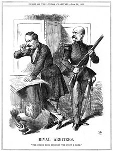Napoléon III (1808-1873), empereur de France 1852-1870, et Otto von Bismarck (1808-1783), chancelier de Prusse, découpant l