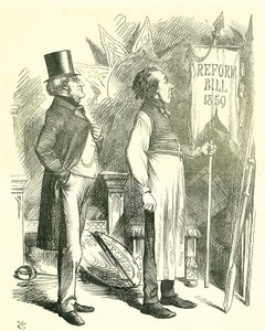 Économie politique : Réforme du Parlement - extension du droit de vote. Disraeli (chancelier) et Derby (Premier ministre) dépoussiérant le projet de loi de réforme. En 1867, Disraeli a introduit un nouveau projet de loi. Caricature de John Tenniel dans Pun - John Tenniel