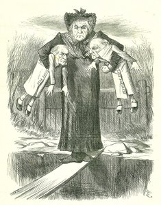 Déposer deux, et en porter un.?: Gladstone, le Premier ministre britannique, dans un dilemme sur lequel des projets de loi irlandais controversés abandonner. Caricature de John Tenniel de Punch, Londres, 3 avril 1886.