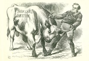Prendre le taureau (irlandais) par les cornes: Projet de loi adopté par le Parlement le 15 février 1870 et ayant reçu la sanction royale le 8 juillet. William Gladstone, Premier ministre, traitant la question. Caricature de John Tenniel dans Punch, Londres - John Tenniel