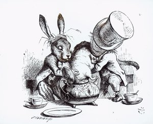 Le Chapelier fou et le Lièvre de Mars mettant le Loir dans la théière, illustration de 