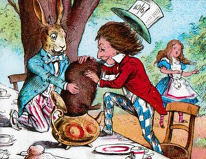 Le Chapelier fou et le Lièvre de Mars essayant de mettre le Loir dans une théière, vers 1910 - John Tenniel