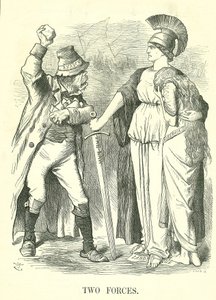 Deux forces : Ligue agraire irlandaise interdite. Britannia protège Hibernia (Irlande) avec la force de la loi contre la force de l