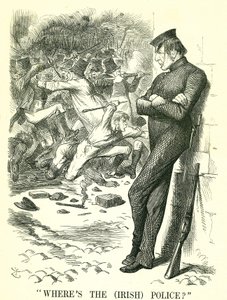 Où est la police (irlandaise) ? : William Gladstone, Premier ministre britannique, observant les troubles en Irlande et attendant d