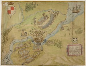 Cotton Augustus I ii 38, Dessin en couleur de la bataille de Ballyshannon - John Thomas