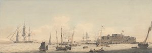 Vue du château Cornet, Guernesey, îles Anglo-Normandes, avec des navires