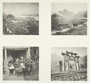 Partie de la colonie étrangère de Foochow, terrasses des collines, femmes des champs de Foochow, une arche commémorative, vers 1868