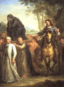 Don Quichotte prend une statue de la Vierge Marie, portée en procession, pour une femme enlevée contre son gré, de 