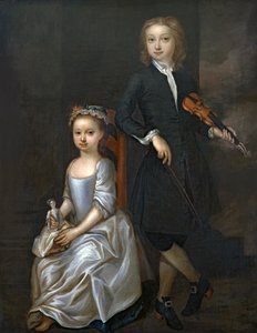 Un Jeune Garçon Tenant un Violon et une Jeune Fille Tenant une Poupée - John Vanderbank