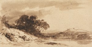 Paysage fluvial avec deux personnages, lac et montagnes lointaines