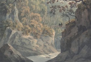 Pont alpin et paysage boisé près de Pistil y Maw - John Warwick Smith
