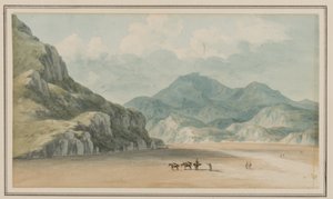Vue sur les sables de Fraeth Mawr, vers Snowdon, en les traversant entre Penmorsa et Cynant, Merionethshire, 21 juillet 1795 - John Warwick Smith