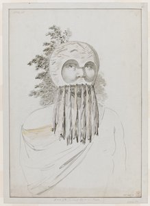 Un homme des îles Sandwich avec un masque. Un homme des îles Sandwich avec un masque consistant en une coiffe en bol avec des découpes pour les yeux. - John Webber