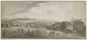 Dessin de la visite du capitaine Cook au village de Waimea, Atooi [Kauai], janvier 1778. Certains hommes roulent des barils, d
