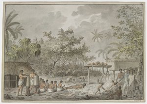 [Dessin complet] Sacrifice humain au grand morai à Attahouroo [Utuaimahurau], Tahiti, observé par le capitaine Cook le 1er septembre 1777. Une figure liée au premier plan, avec des hommes creusant un trou pour le corps derrière, et le whatta contenant deux - John Webber