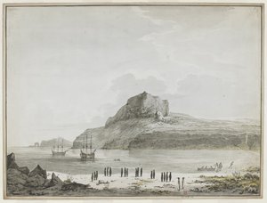 Vue du port de Noël, île Kerguelen, avec le Discovery et le Resolution à l