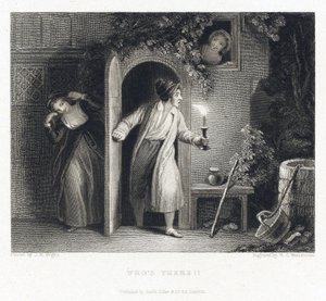 Qui est là ? se réfère à une histoire du même titre, un homme en robe de chambre tenant une bougie à la main, ouvre une porte et met un pied dehors, et regarde à sa droite, tandis que derrière la porte ouverte, à gauche, se tient une jeune fille qui échapp - John William (after) Wright