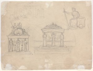 Études de façades de temples classiques et figure féminine assise - John William Casilear