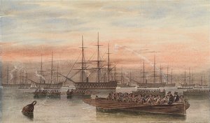La flotte baltique la nuit avec des bateaux au premier plan - John Wilson Carmichael