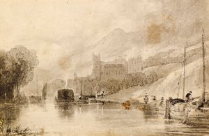Scène de rivière avec barges et château en ruine - John Wilson Ewbank