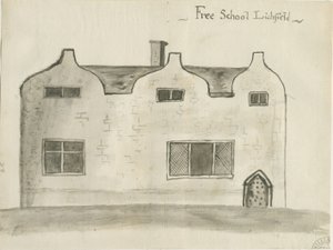 Lichfield - École de grammaire : dessin au lavis sépia