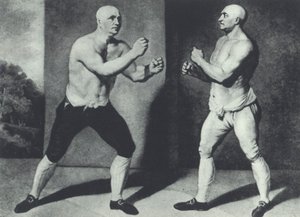 Premiers boxeurs britanniques à mains nues, John Broughton (à gauche) et George Stevenson se battent en 1741 : Broughton a inventé le gant de boxe