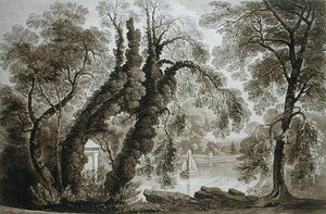 Vue de la fontaine du temple depuis le côté opposé, Sezincote, gravée par Frederick Christian Lewis Snr., vers 1817-18 - John after Martin