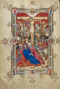 La Crucifixion, introduisant le Canon de la Messe. Christ sur la croix, flanqué de voleurs, Vierge évanouie soutenue par des femmes et Saint Jean, Madeleine au pied de la croix. Foule de spectateurs montés en habits contemporains, y compris Longinus, avec 