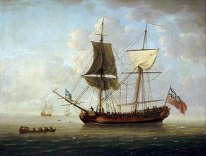 Une brigantine britannique, portant le drapeau rouge et l
