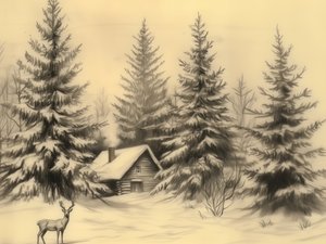 Une cabane paisible en hiver avec des cerfs